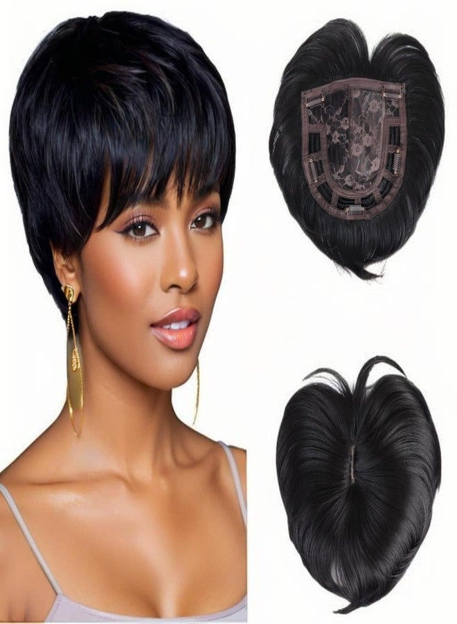 BECUS Pixie Cut Hair Toppers for Women with Bangs, Clip-On Hairpieces, Wig Toppers for Thinning Hair, Synthetic Black Hairs Pieces for Black Women, Daily Use (Black) - Image 1